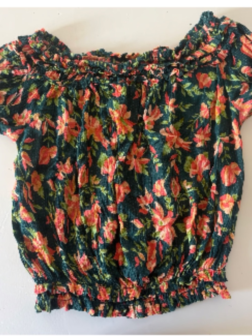 Free People floral off shoulder smocked crop top teal boho peasant blouse S/M - Picture 3 of 4